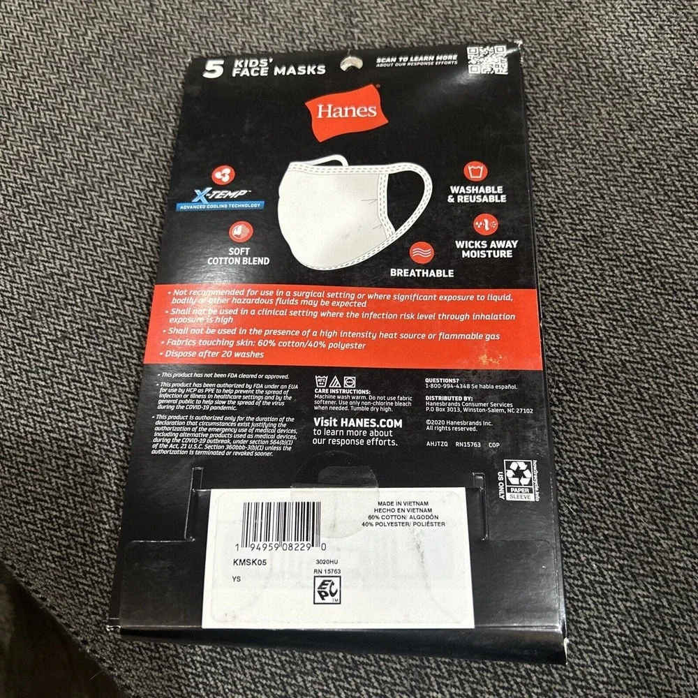 Hanes 100% Cotton Face Masks Pack of 5 White New Wicking Cool Comfort Kids 5-12